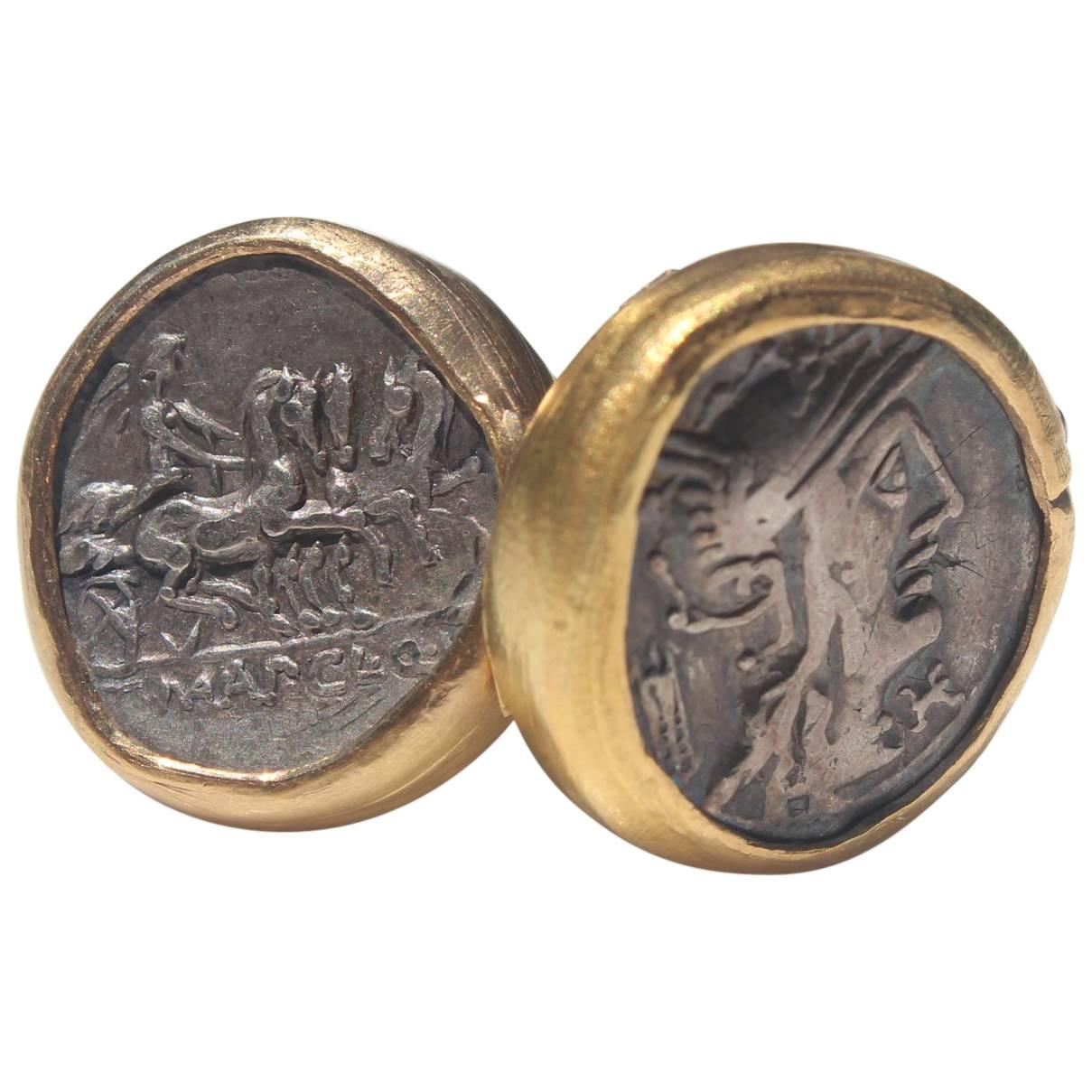 Antique Silver Roman Coin Set in 22K-21K Gold Cuff Links with Diamonds Cufflinks