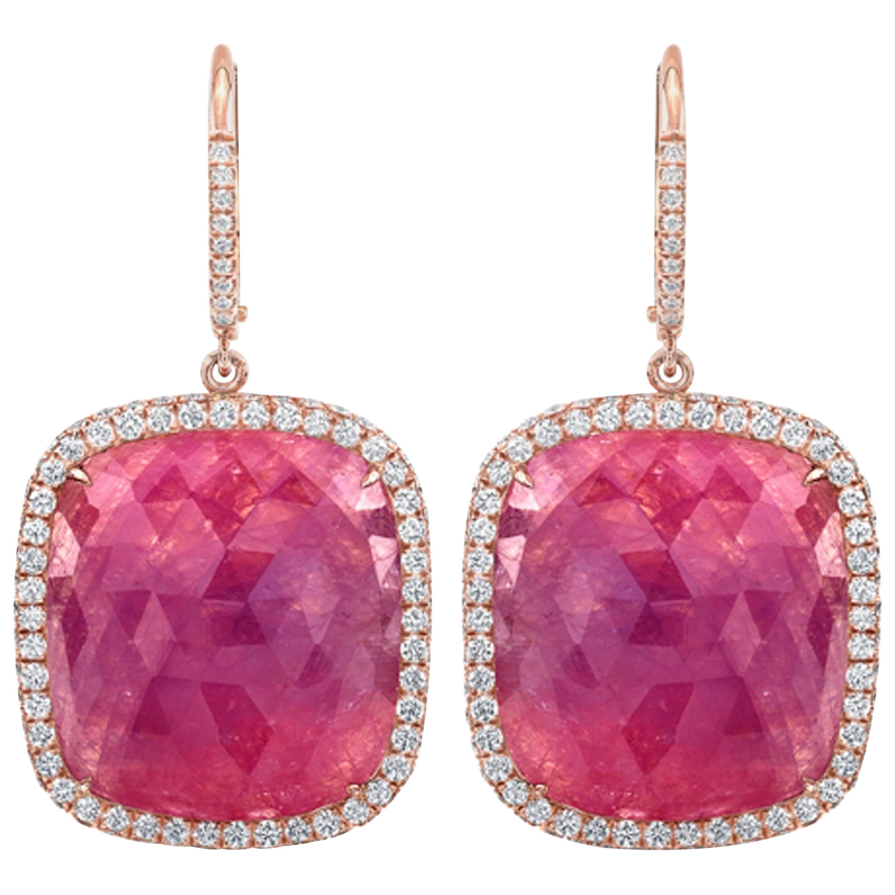 37.10 Carat Cushion Pink Sapphire Slice Dangle Earrings with Diamond Halos For Sale