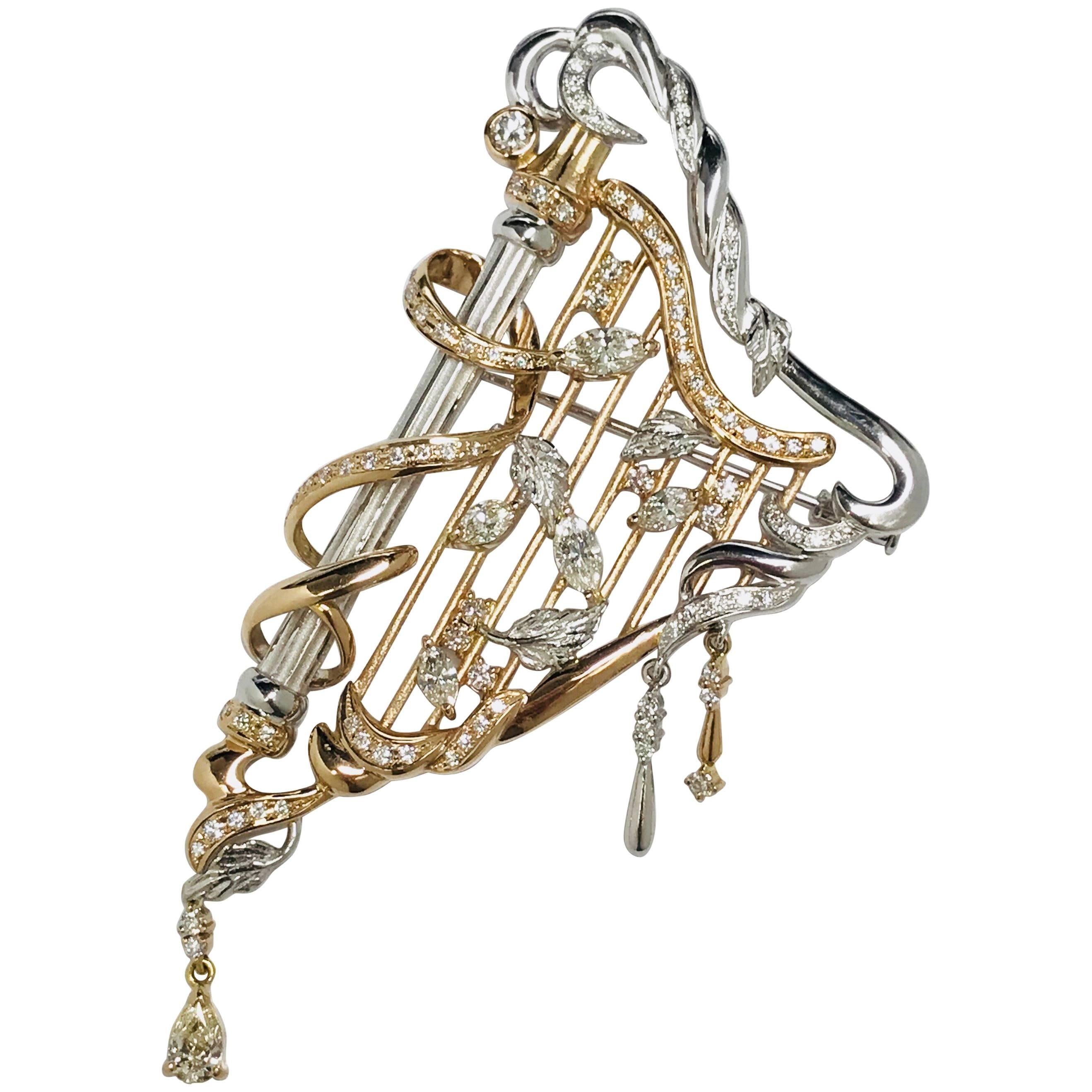 Matsuzaki Pink Gold Marquise Pear Shape Diamond Harp Brooch Pendant