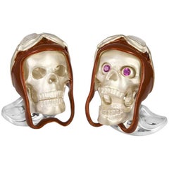 Deakin & Francis Skull Cufflinks with Brown Vintage Aviator Pilot Hat