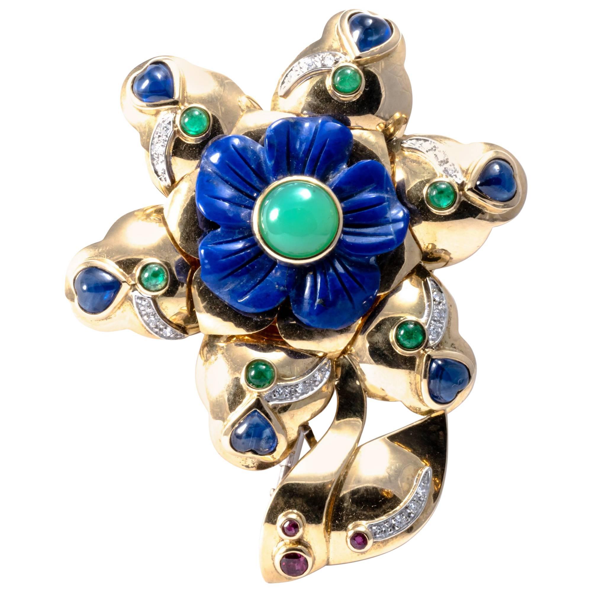 1980 American Flower Gold Sapphire Emerald Ruby Lapis Diamond Necklace Enhancer For Sale