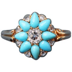 Victorian Gold Ring with a Turquoise and Diamond Flower
