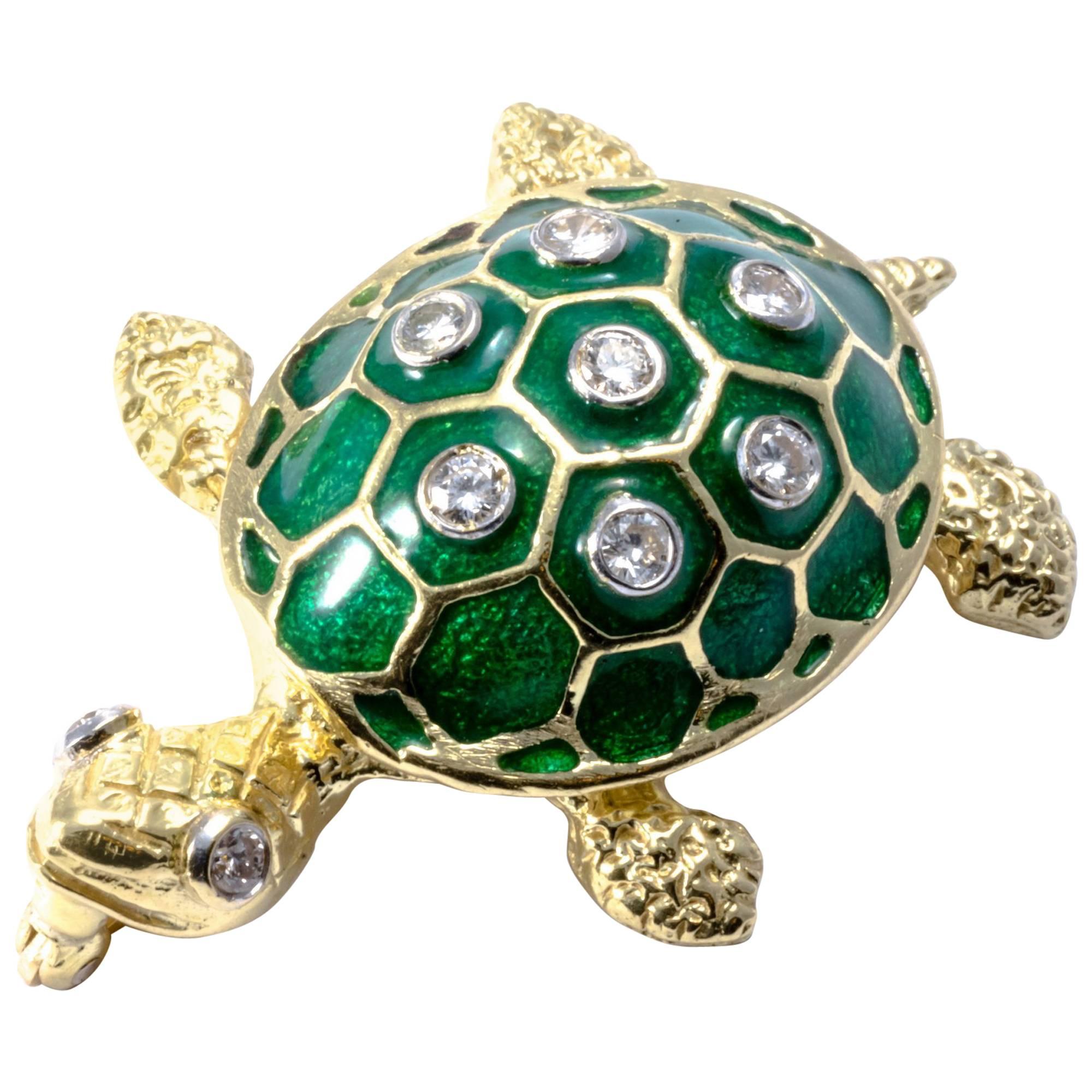 Turtle 18K Gold Enamel Diamond Necklace Enhancer For Sale