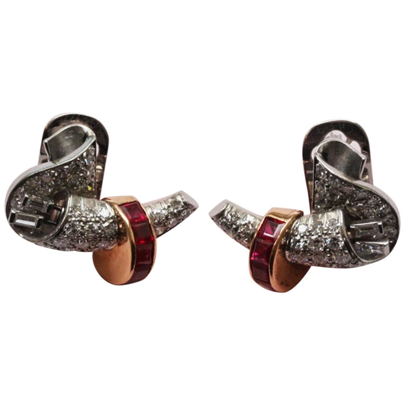 Retro Gold Diamond and Ruby Earrings