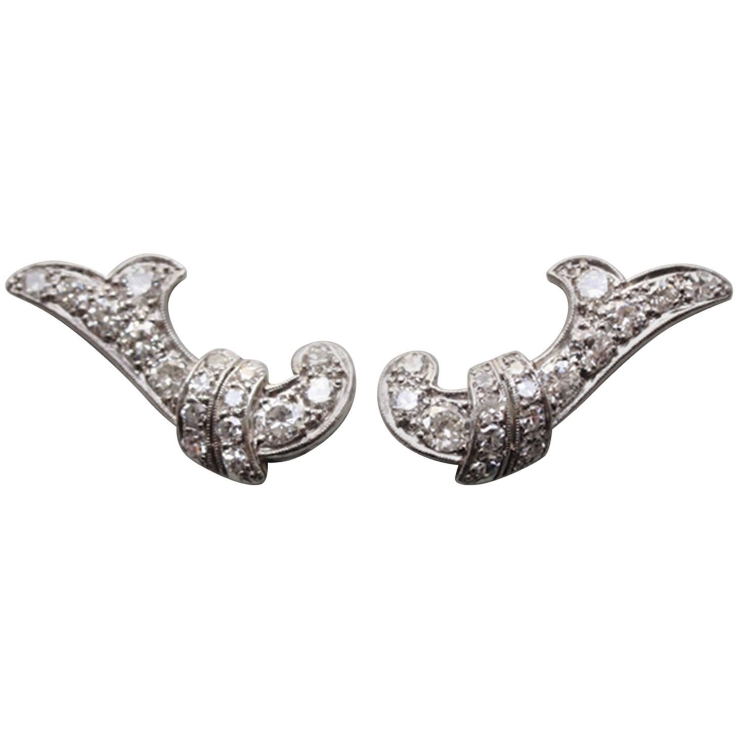 Platinum and White Gold and Diamond Earclips