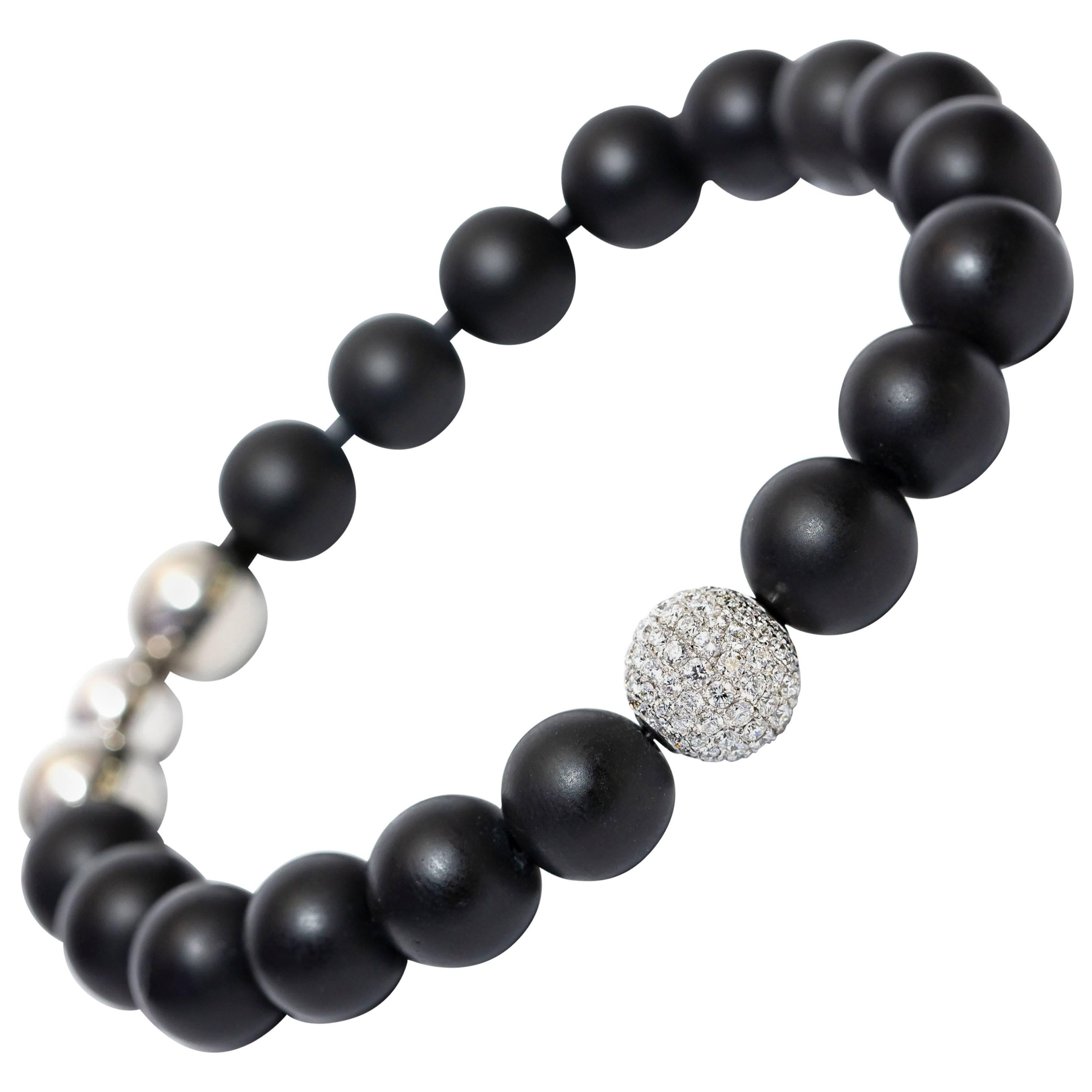 1.80CT Round White Diamond G VS 18KT Gold Steel Black Agate Men's Bead Bracelet For Sale