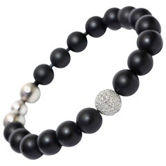 Bracelet de perles pour hommes en acier et agate noire en or 18 carats avec diamants blancs ronds de 1,80 carat G VS