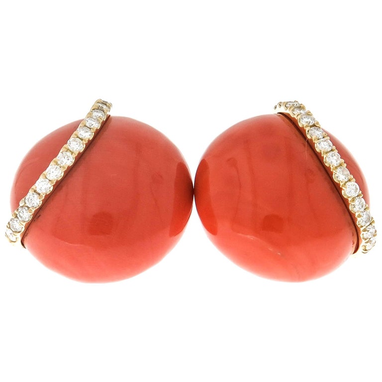 Round Coral and Diamond Earrings For Sale at 1stdibs