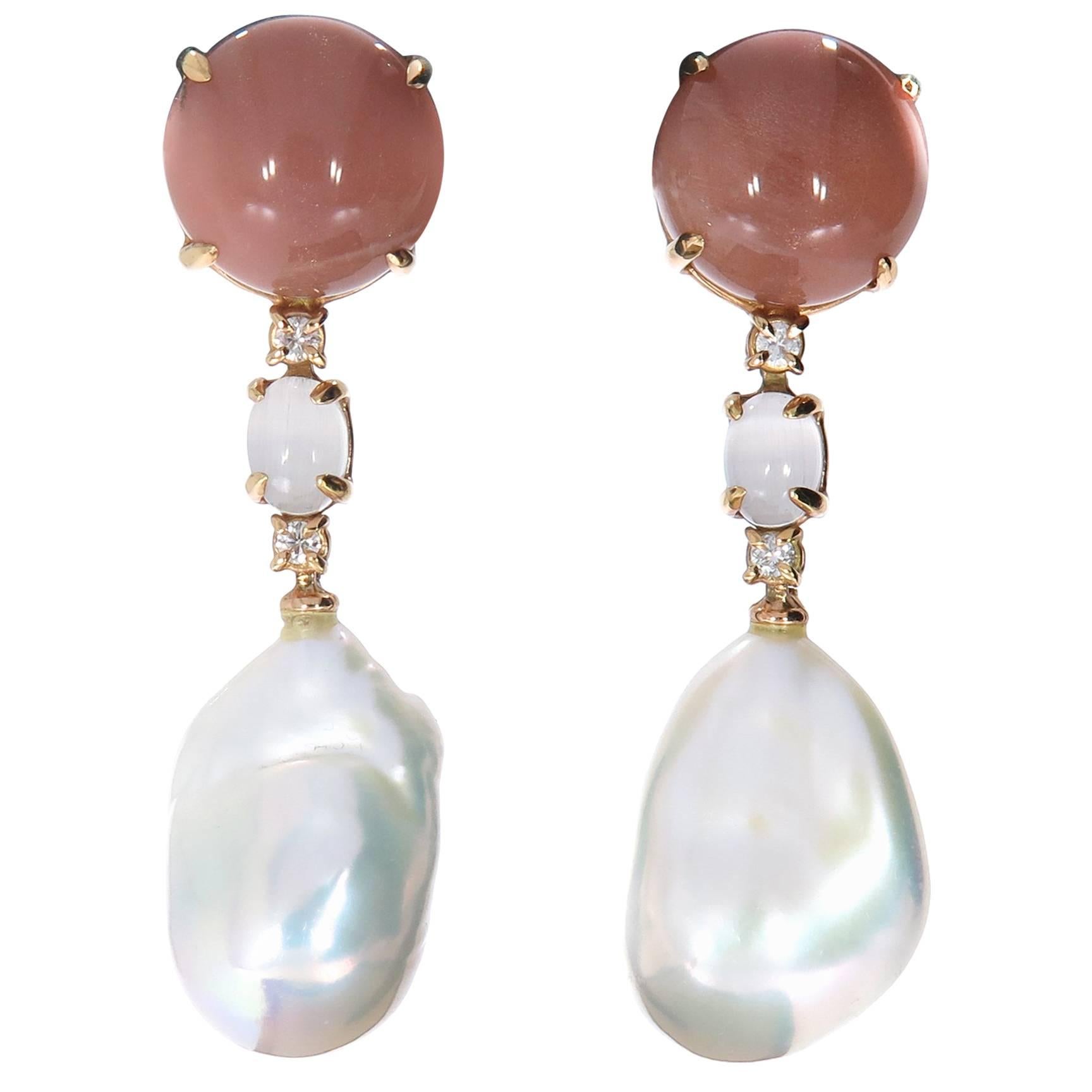 Peach Moonstone and Pearl Drop Earrings