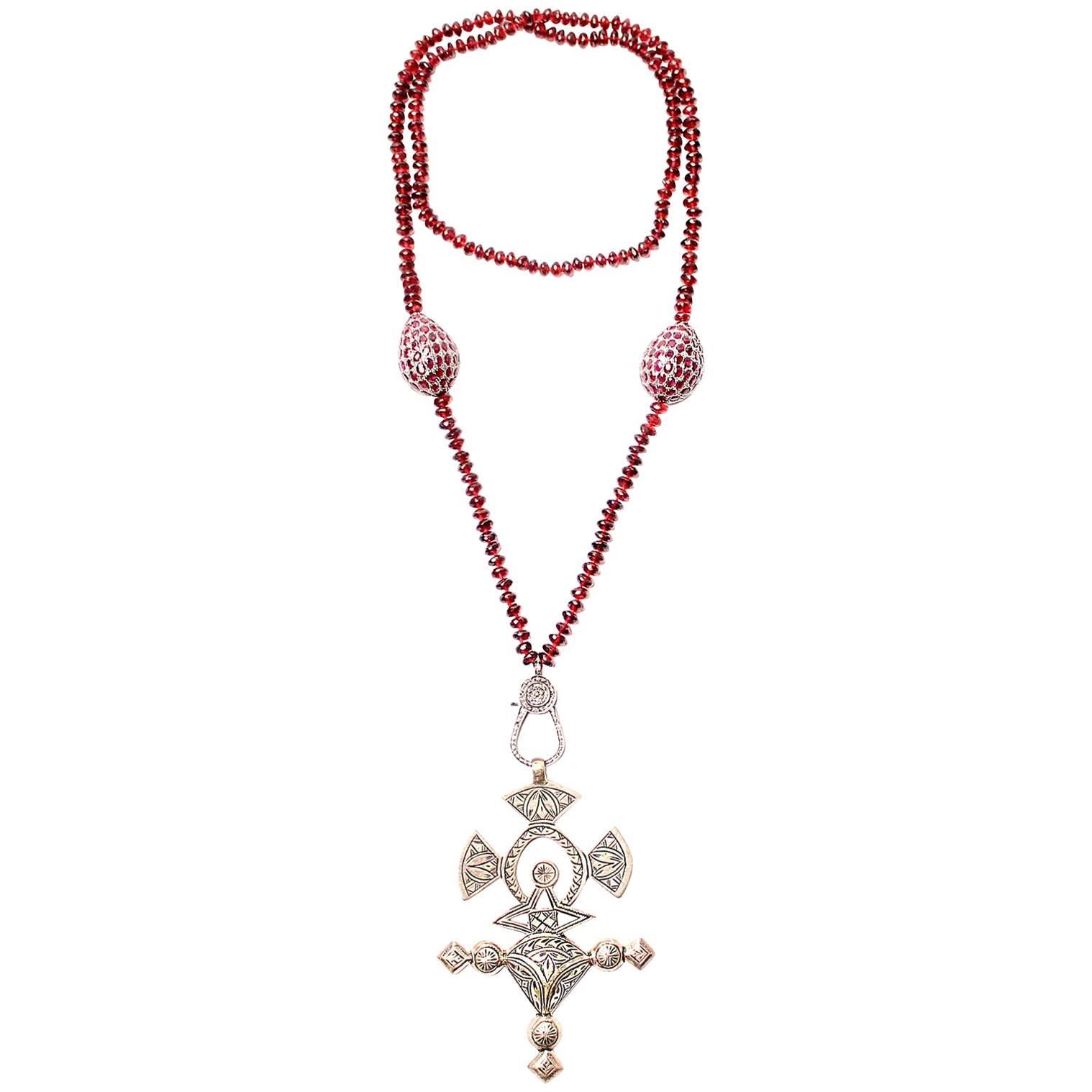 Clarissa Bronfman Silver Ethiopian Cross, Garnet and Diamond Beaded Necklace