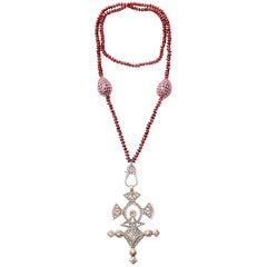 Clarissa Bronfman Silver Ethiopian Cross, Garnet and Diamond Beaded Necklace