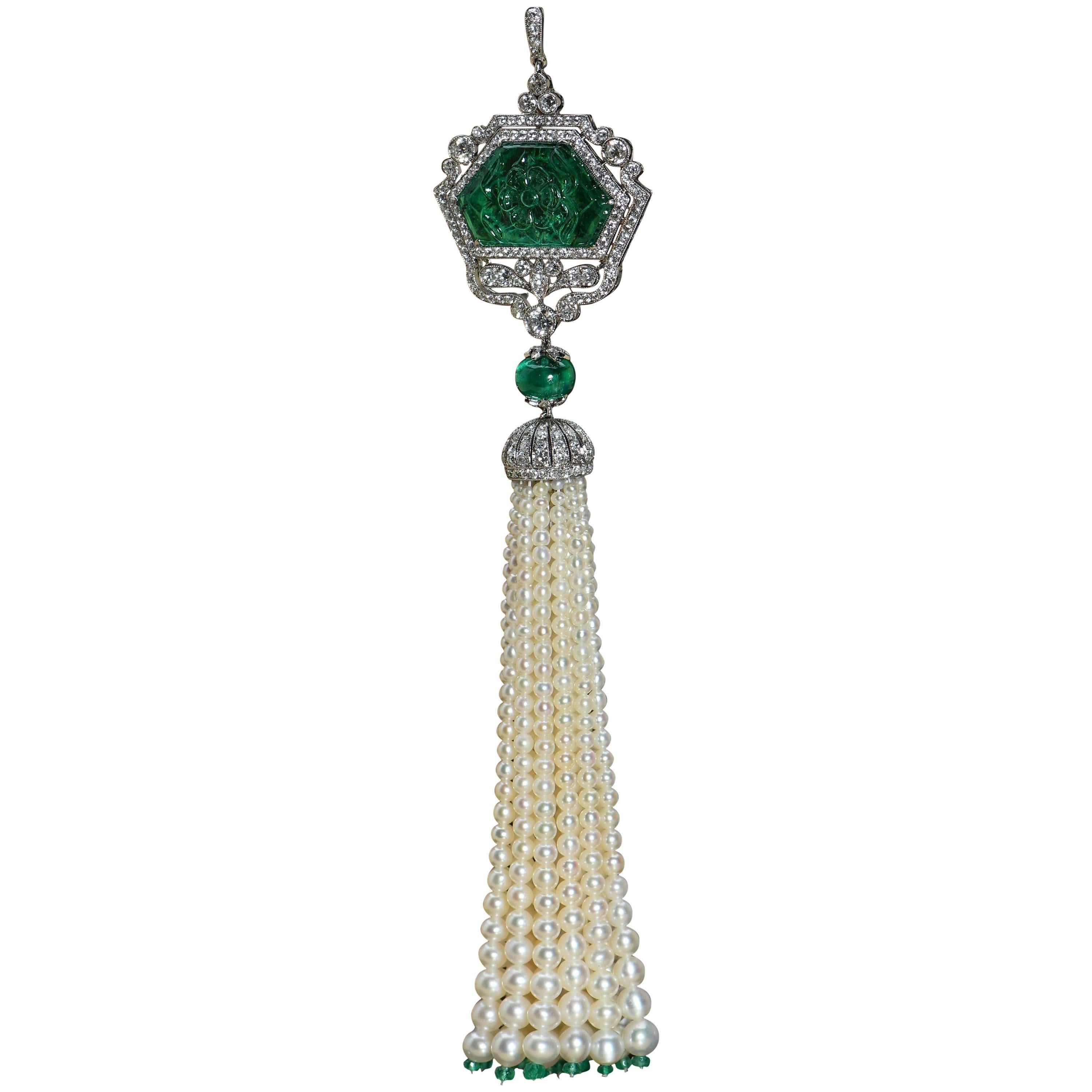 Art Deco Style Carved Emerald and Diamond Pendant with Pearl Tassel