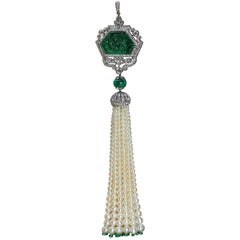 Vintage Art Deco Style Carved Emerald and Diamond Pendant with Pearl Tassel