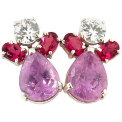 AJD Elegant Bright White Sapphires, Red Rubelites & Pink Kunzite Earrings