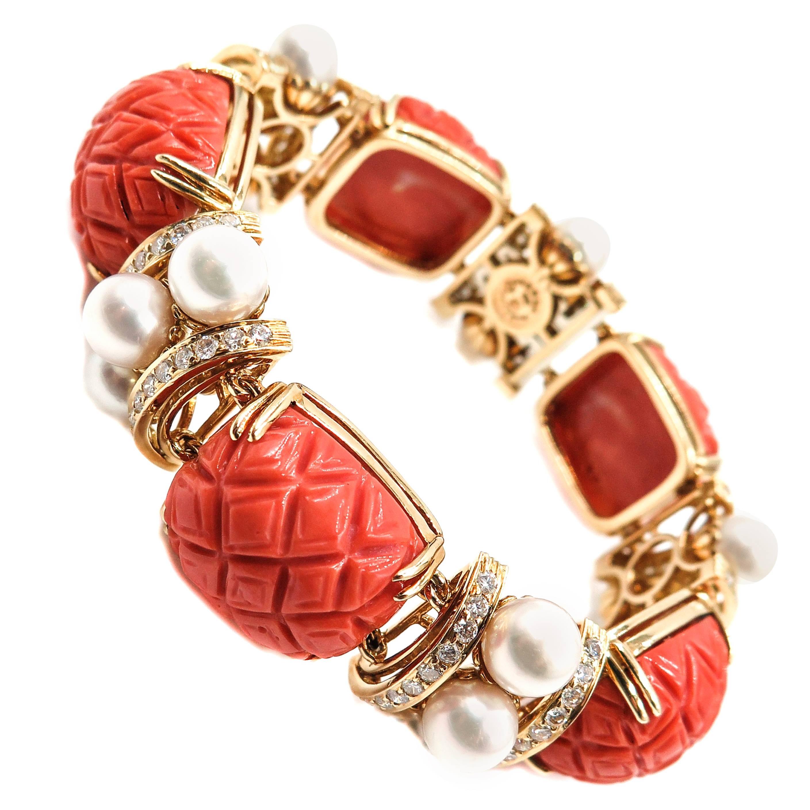 Carved Coral, Pearls and Diamond Bracelet by Seaman Schepps