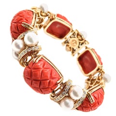 Carved Coral, Pearls and Diamond Bracelet by Seaman Schepps