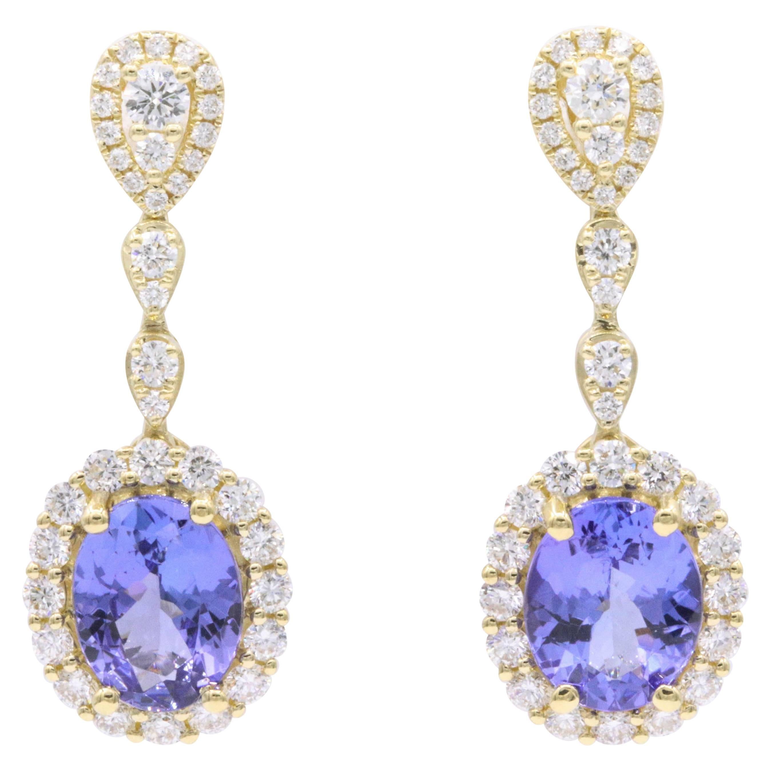 18 Karat Oval Tanzanite Diamond Cluster Dangle Drop Earrings