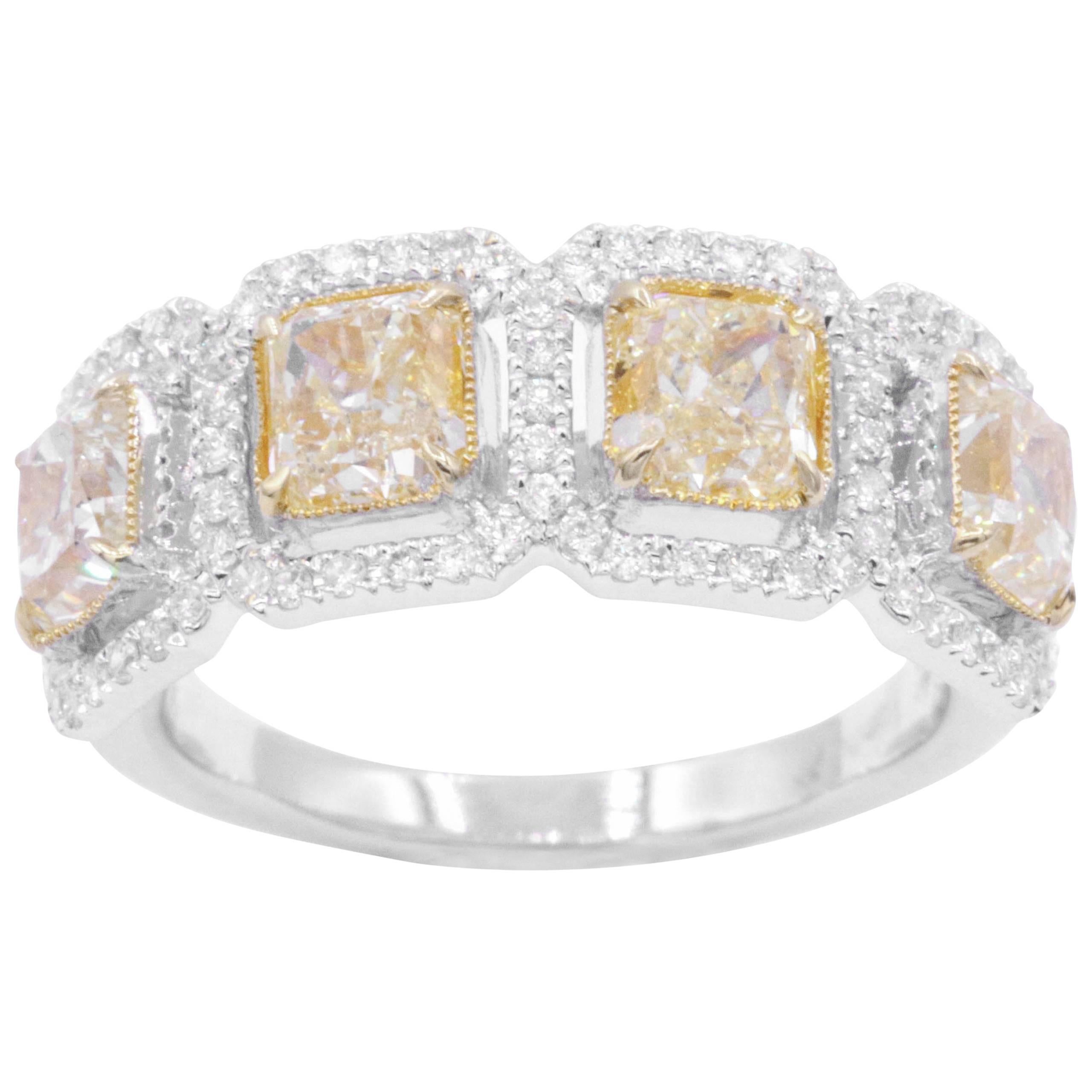 Four Yellow Diamonds Square Radiant and Diamonds Cocktail Ring