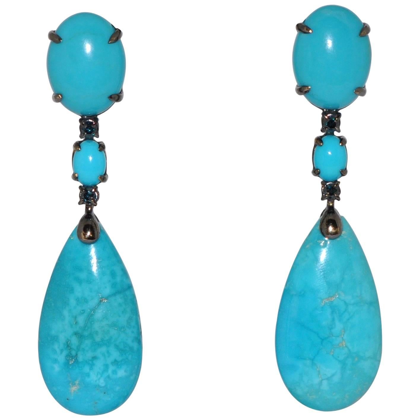 Turquoises and Blue Sapphires Black Gold Chandelier Earrings