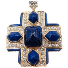 Lapis Lazuli and Diamond Yellow Gold Cross