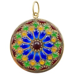 French 1950s Enamel 18 Karat Yellow Gold Notre Dame Windows Pendant