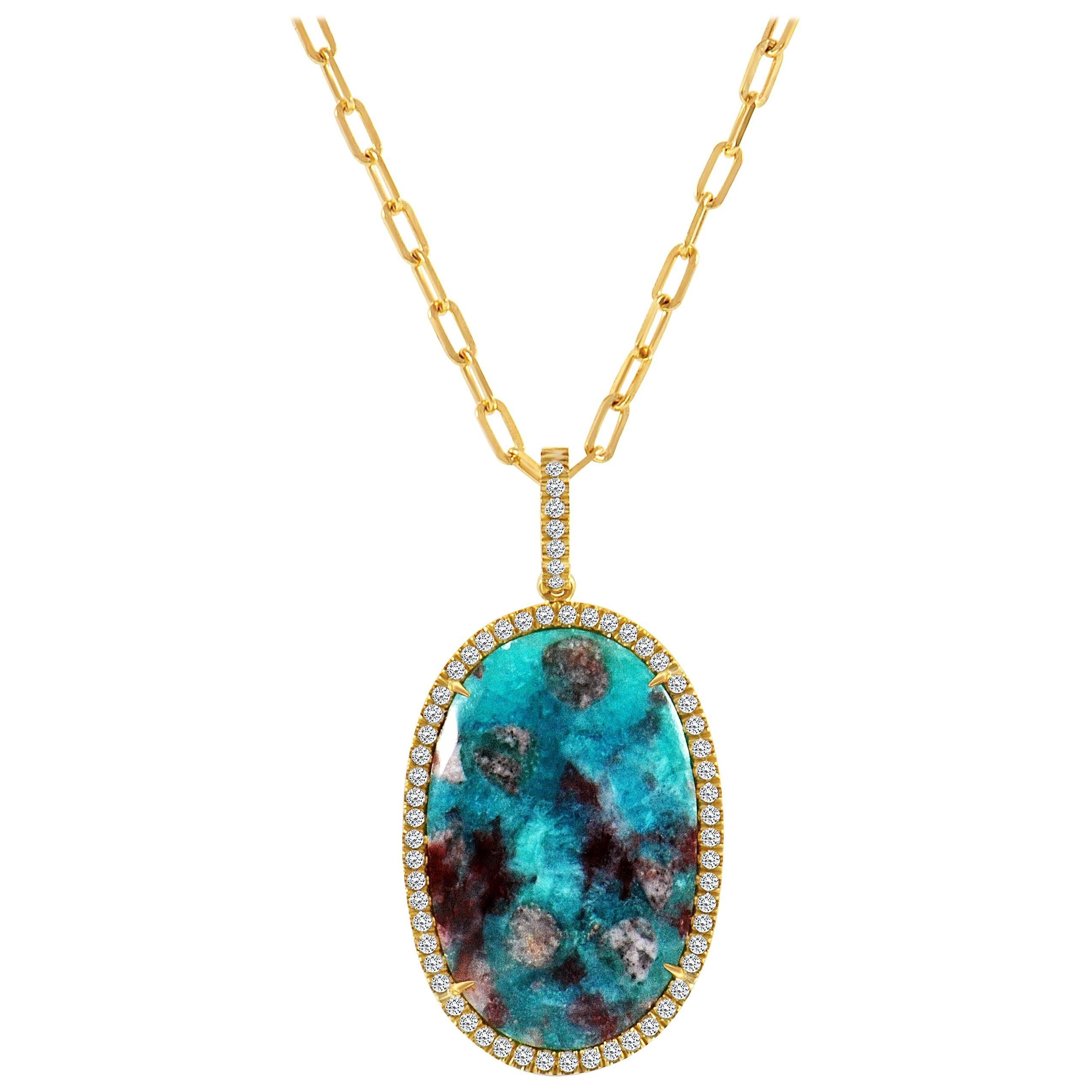 16.65 Carat Oval Paraiba Tourmaline Slice Pendant with Diamond Halo in 18 Karat For Sale