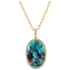 16.65 Carat Oval Paraiba Tourmaline Slice Pendant with Diamond Halo in 18 Karat