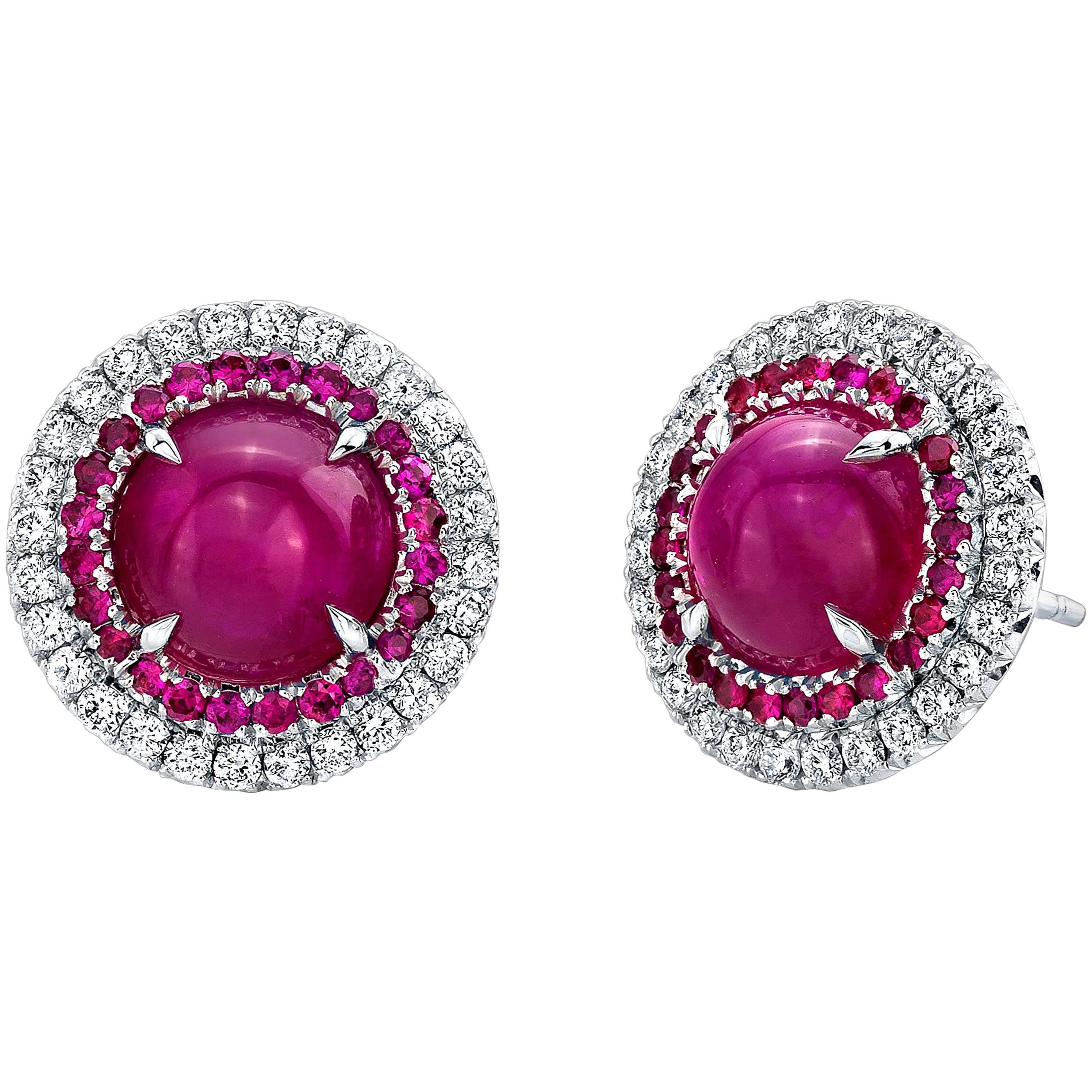 4.24 Carat TW Ruby Cabochon Double Halo Studs Earrings For Sale