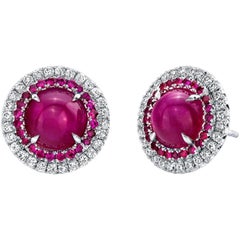 4.24 Carat TW Ruby Cabochon Double Halo Studs Earrings