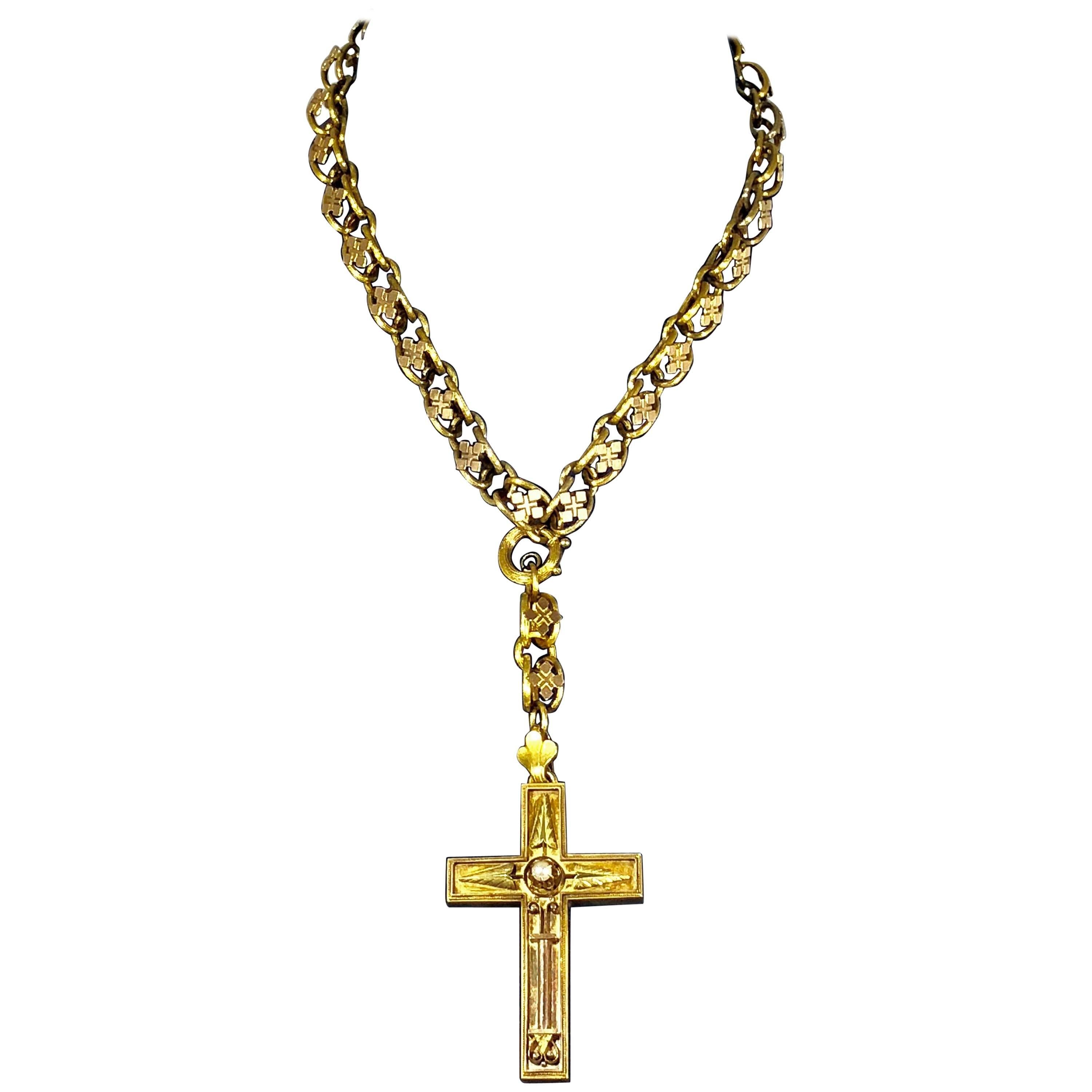 Antique Victorian 15 Karat Book Chain and Cross with Seed Pearl Pendant Necklace For Sale