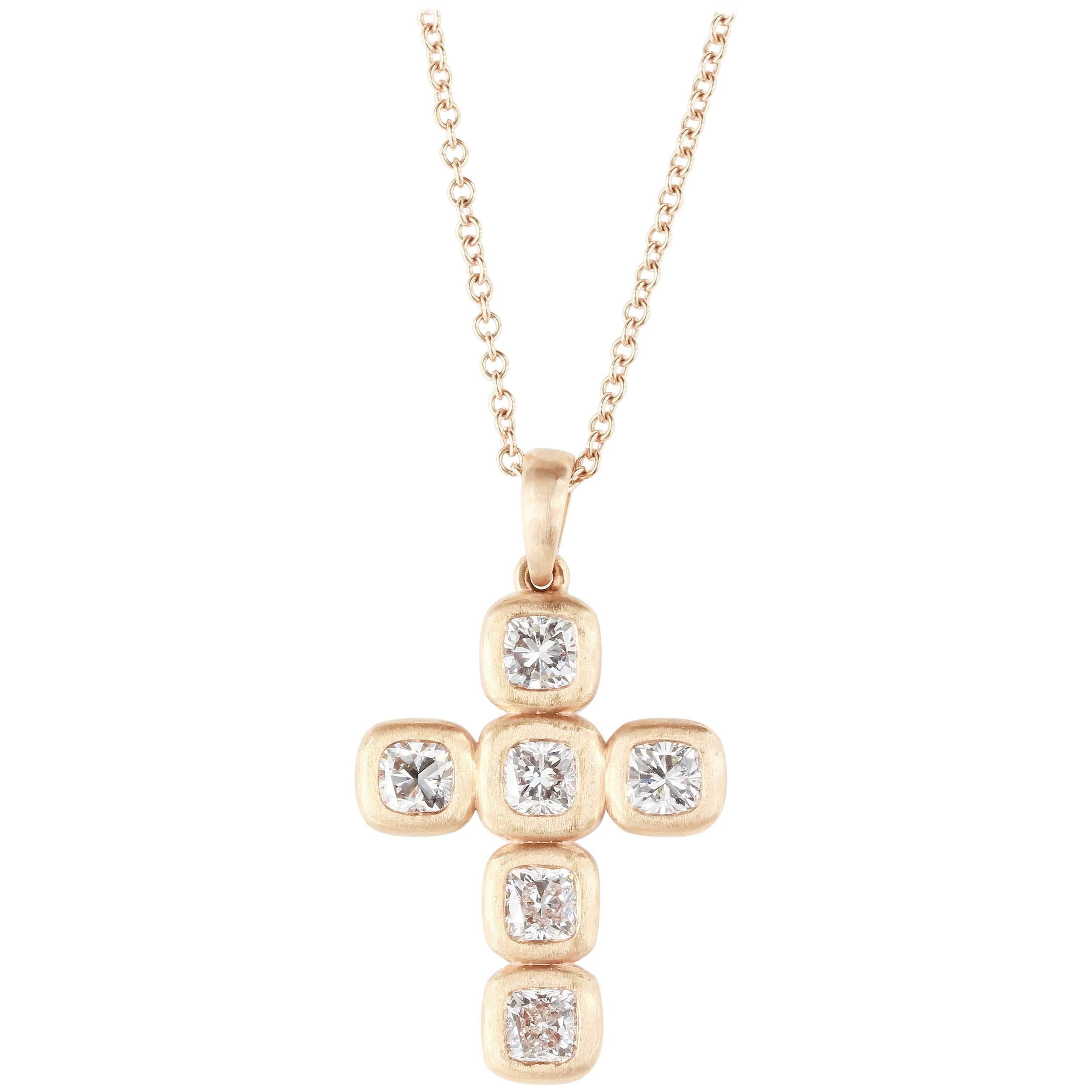 Diamond Cross Pendant 1.94 Carat 18 Karat Rose Gold Satin Finish For Sale