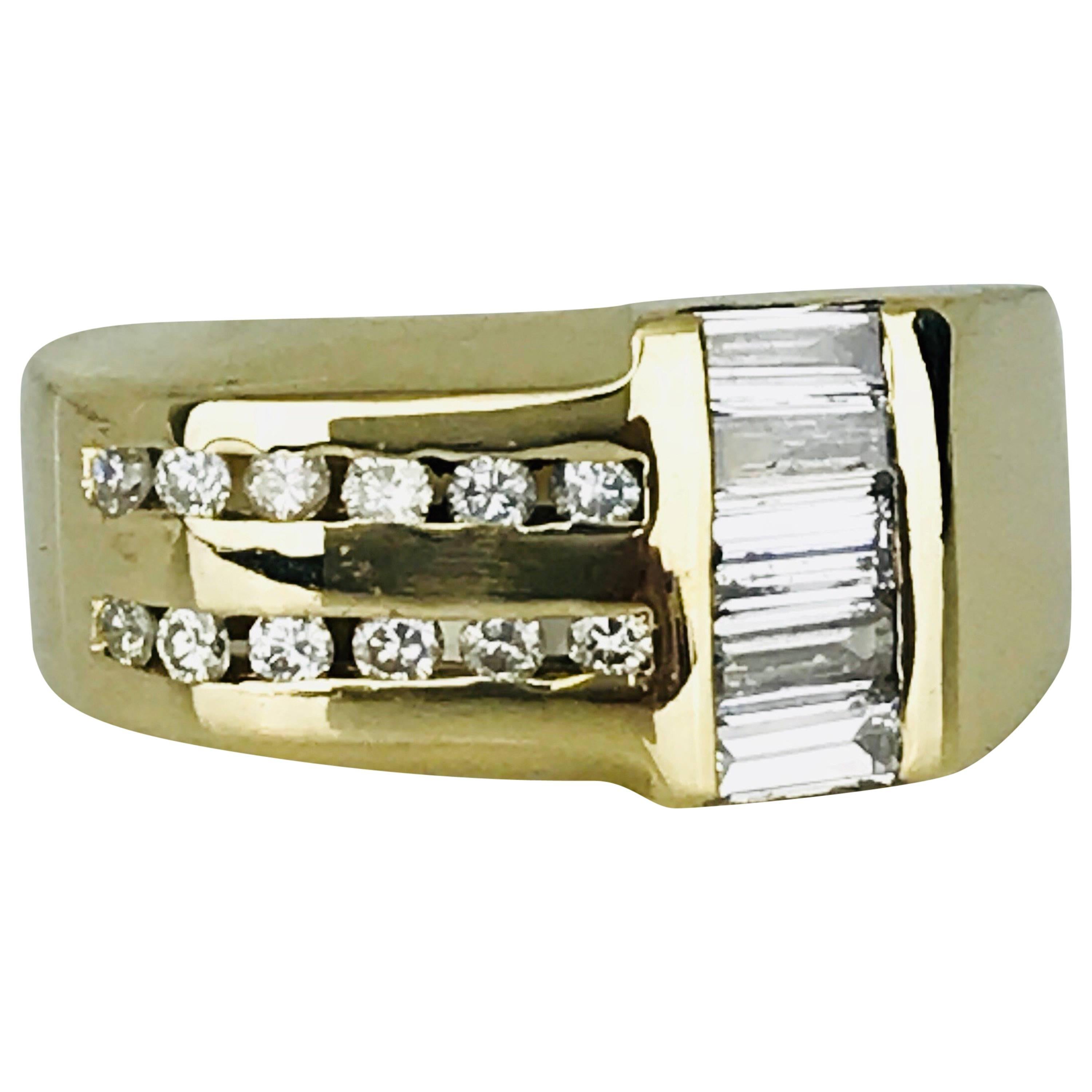 Gents, 14 Karat Yellow Contemporary Diamond Ring, Baguettes and Round .86 Carat For Sale