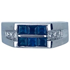 Blue Sapphire Princess and Diamond Stone Ring, 14 Karat White Gold, Contemporary