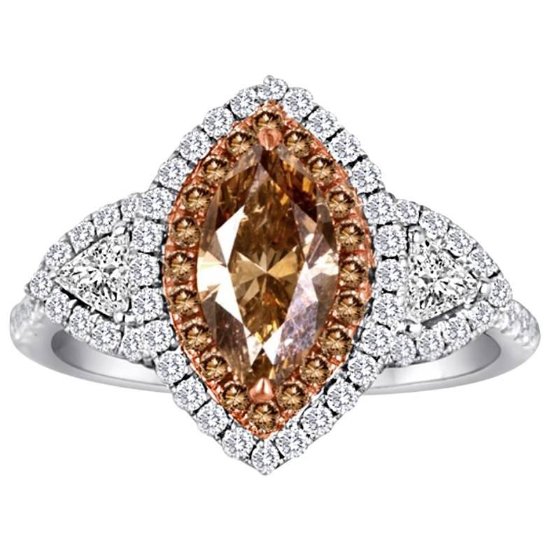 Natural Champagne Diamond Double Halo Two-Color Gold Bridal Fashion Ring