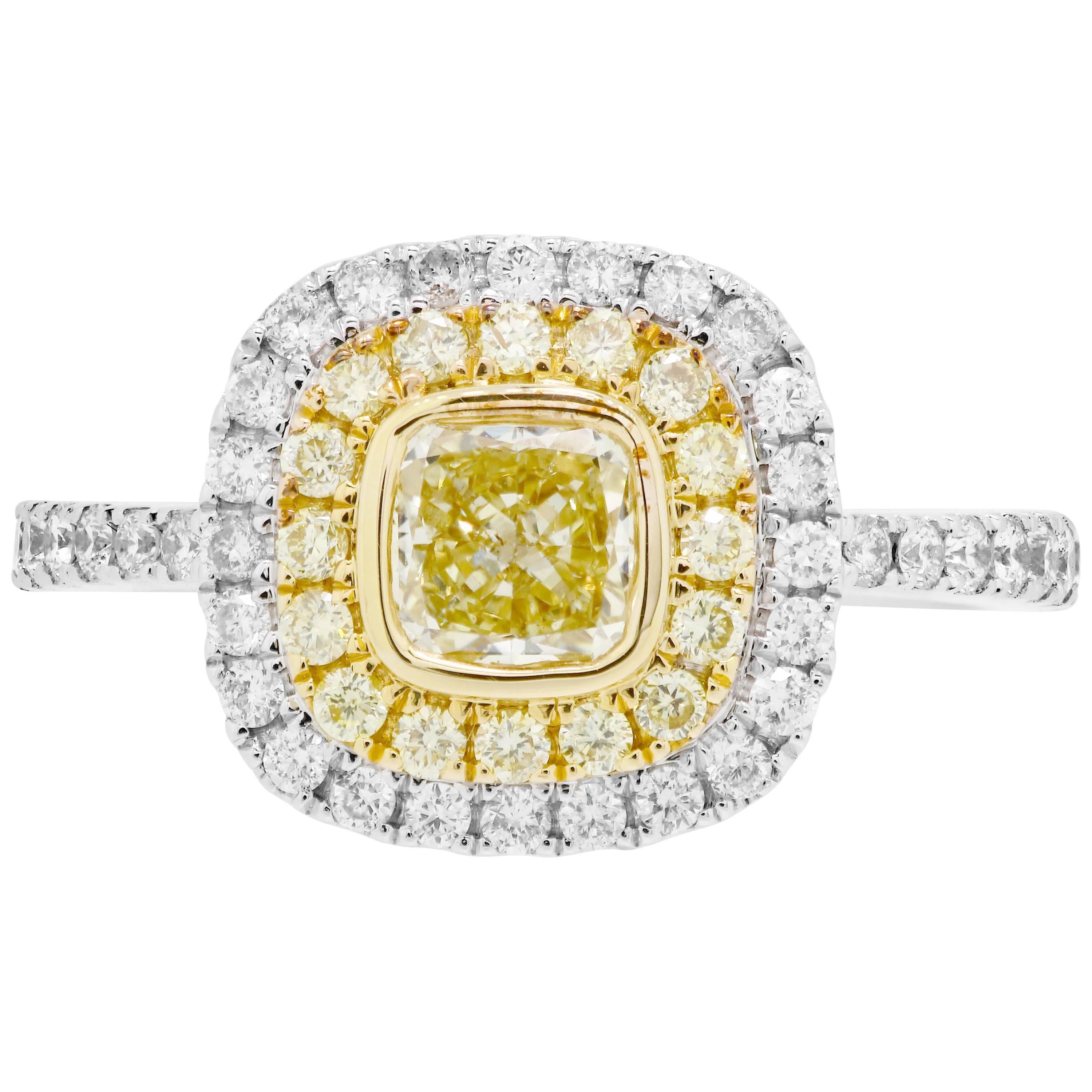 Natural Fancy Yellow Diamond Double Halo Two-Color Gold Engagement Fashion Ring