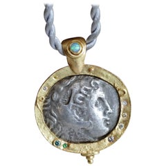 Antique Silver Greek Macedonian Coin in 22k-21k Gold Pendant with Diamonds, Opal