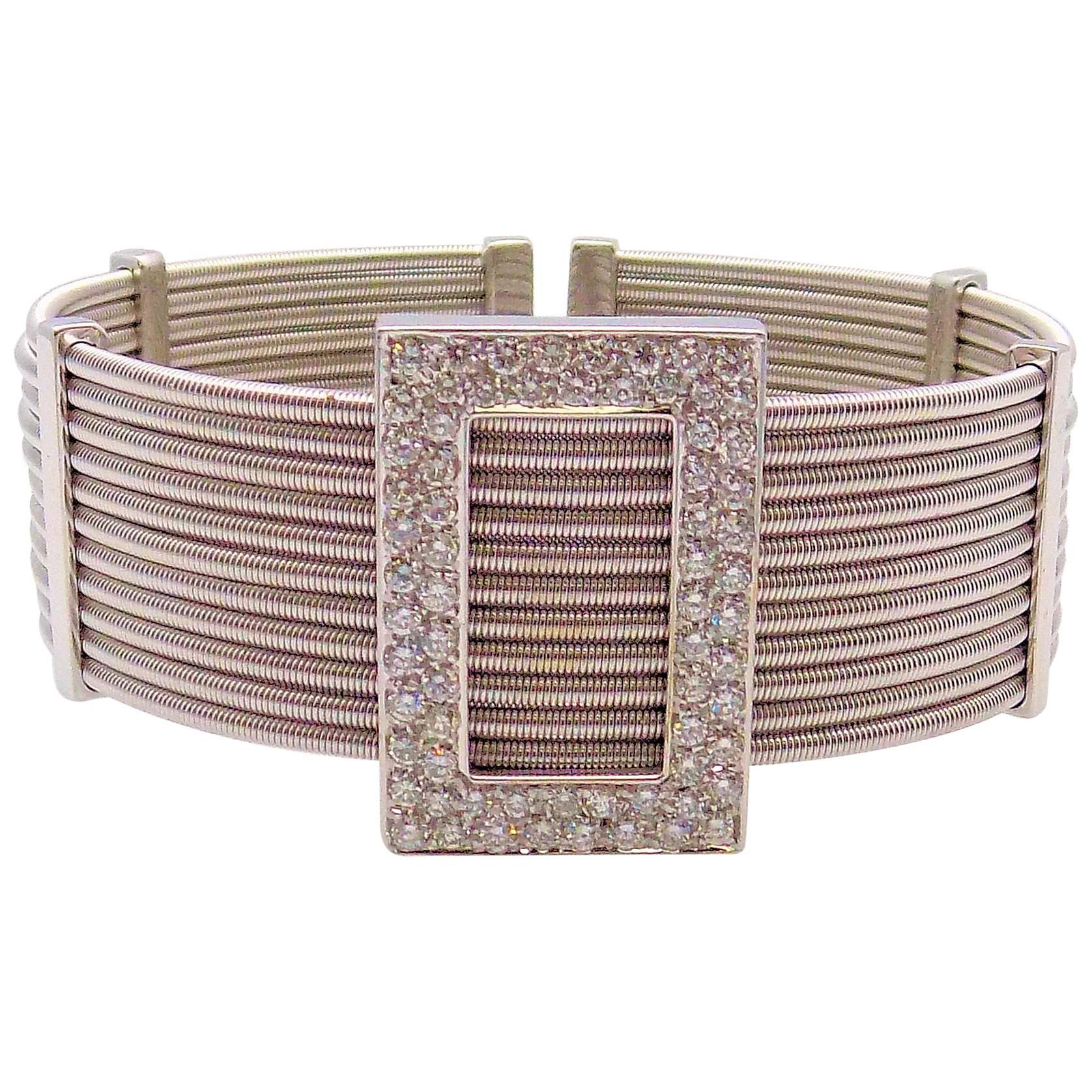 Multi Strand Diamond Cuff Bracelet by Verdi in 18 Karat White Gold For Sale