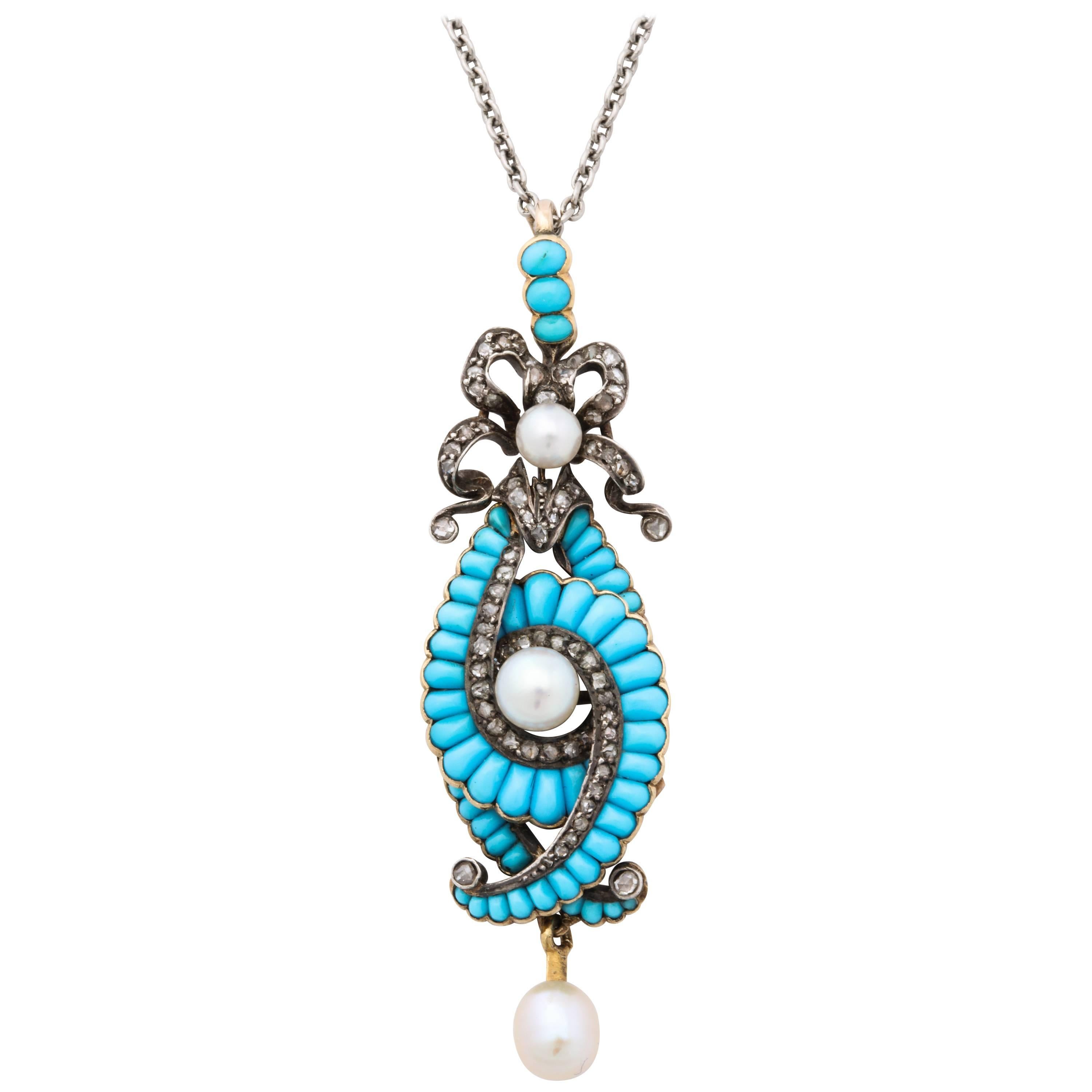 Collier ancien victorien en turquoises, diamants et perles