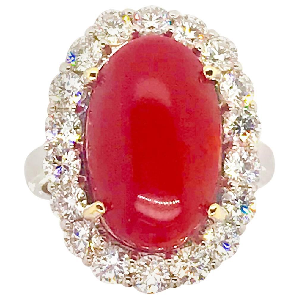 18 Karat White Gold Cabochon Red South Sea Coral and 1.8 Carat Diamond Ring For Sale