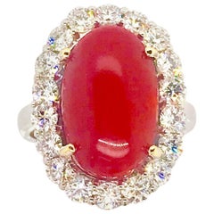 18 Karat White Gold Cabochon Red South Sea Coral and 1.8 Carat Diamond Ring