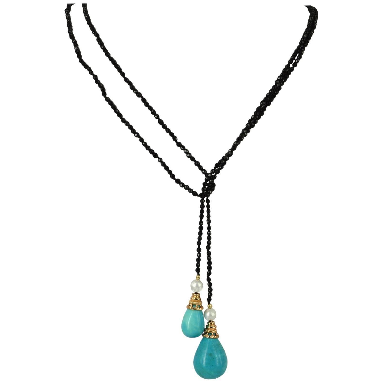 Decadent Jewels Turquoise Onyx Pearl Gold Lariet Necklace For Sale