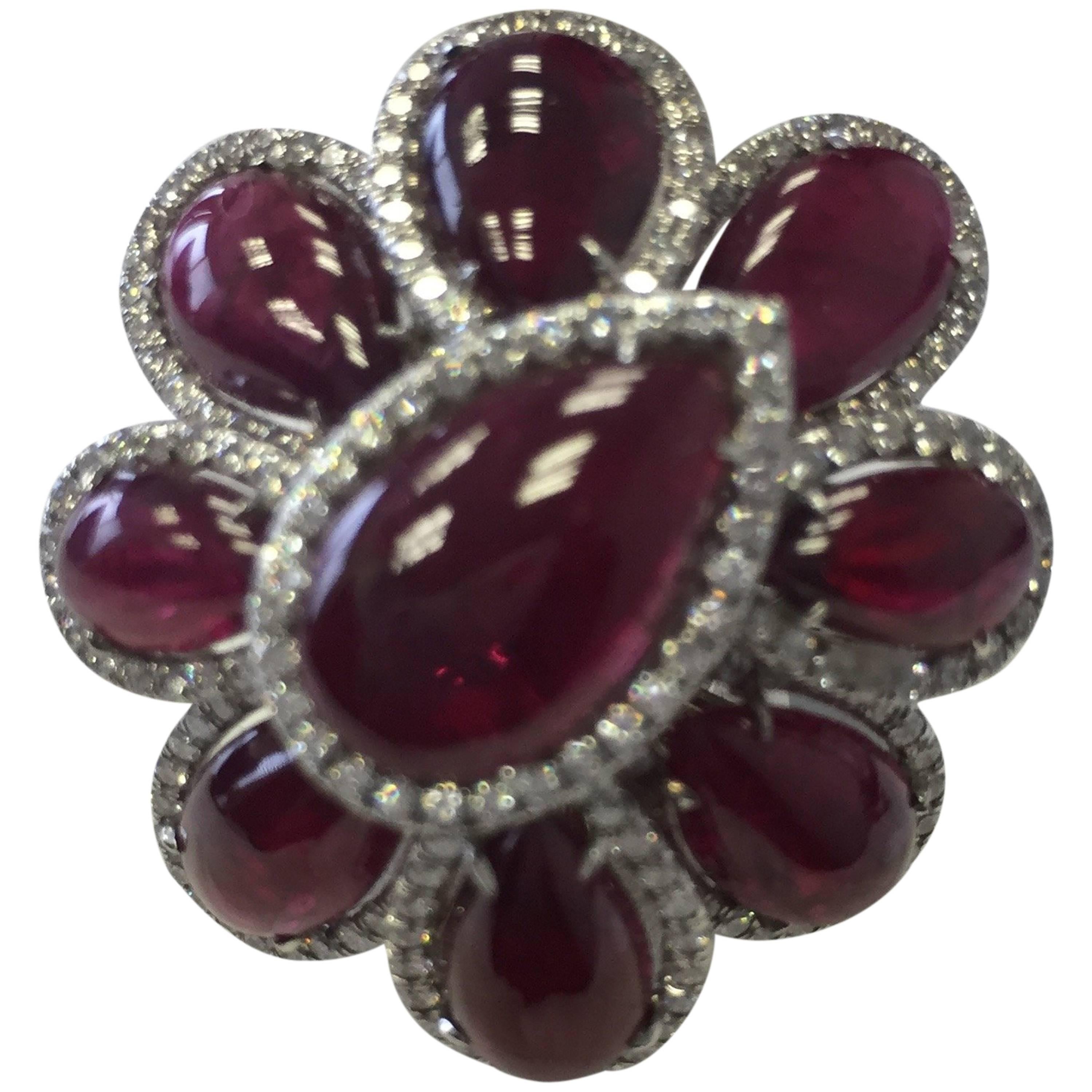 Estate Ruby Pear Cabochon and Diamond Cocktail Ring