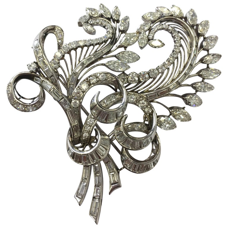 Estate Diamond MultiShape Platinum Brooch For Sale at 1stDibs
