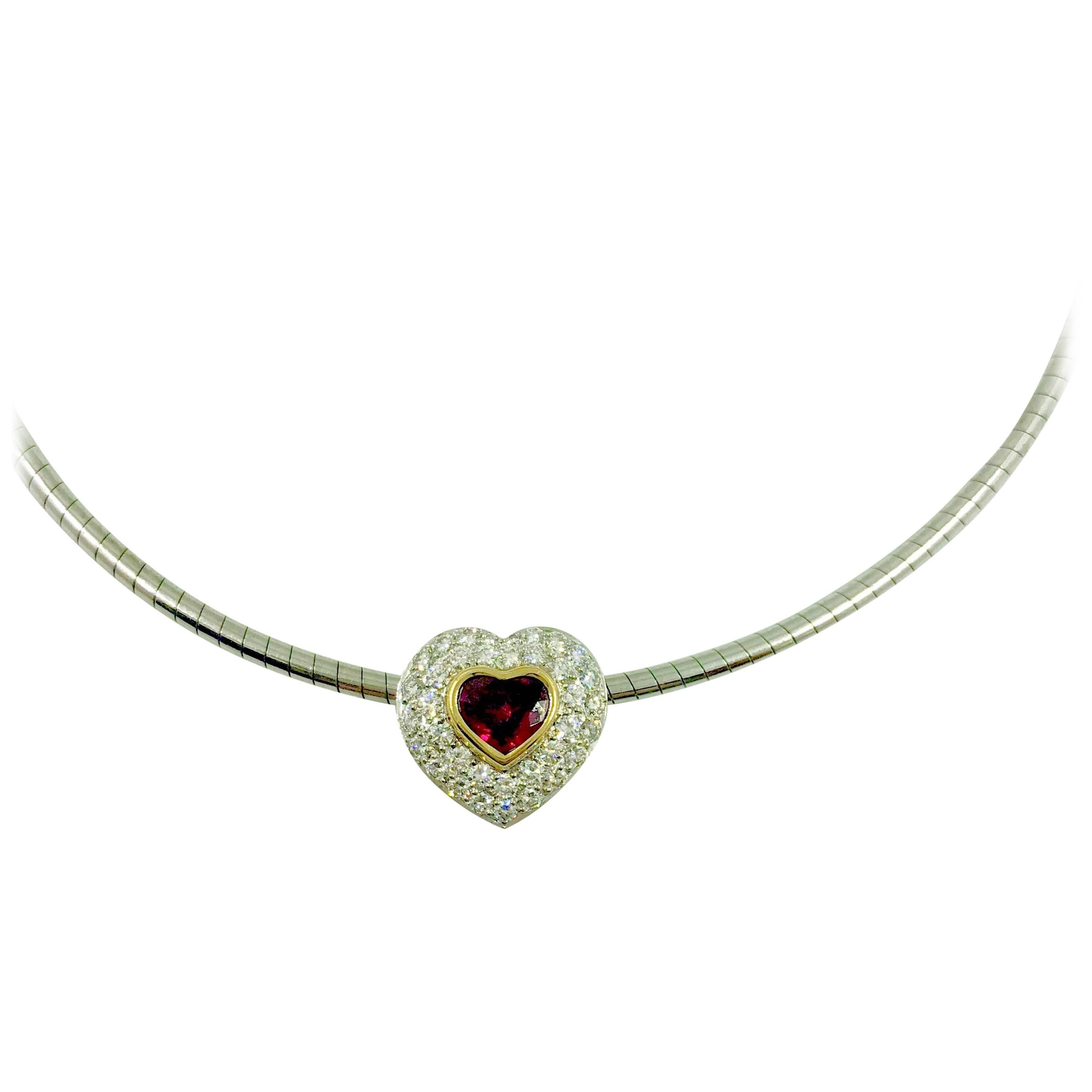 G.Minner Burma Ruby Diamonds Gold Heart Pendant For Sale