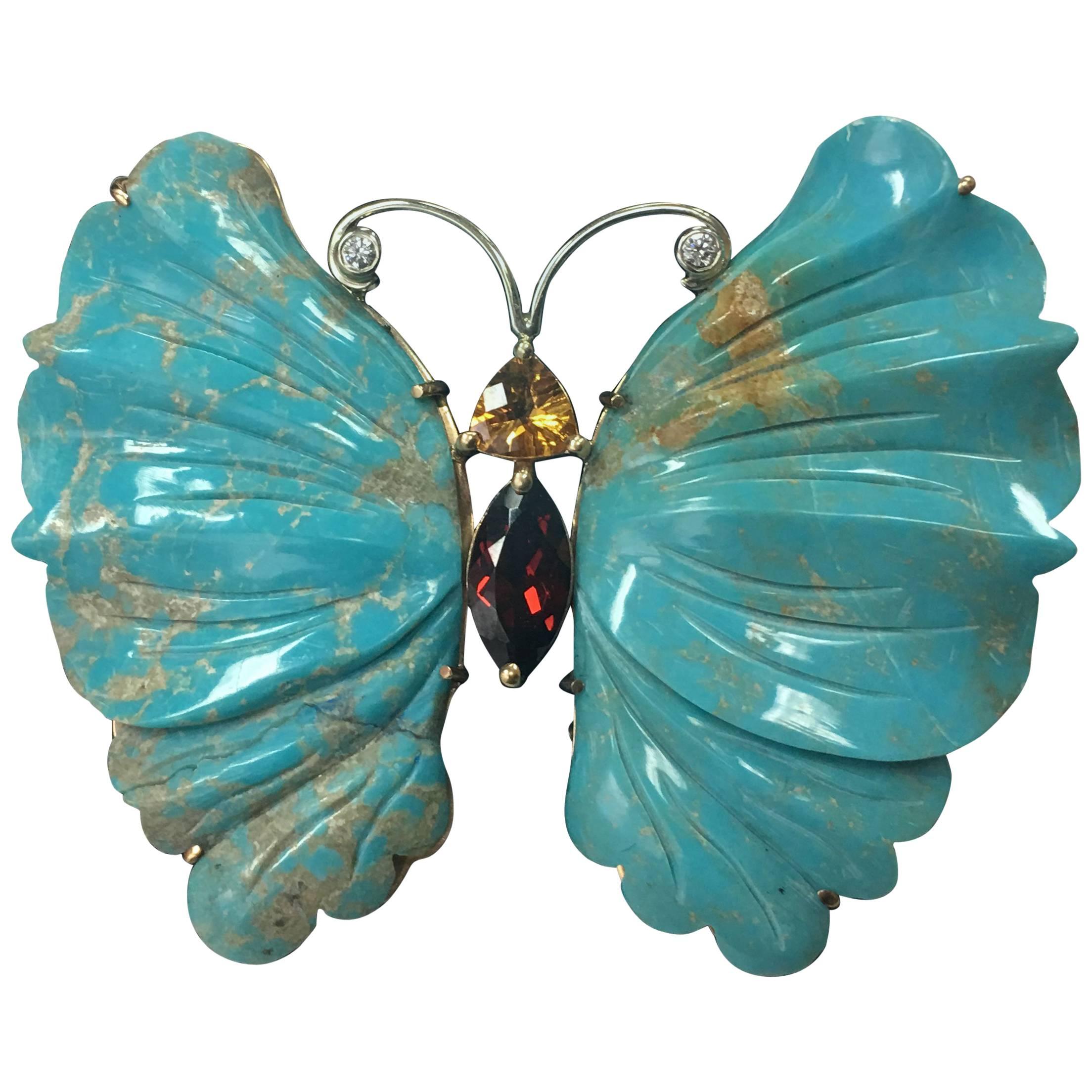 Coach House Beautiful Natural Turquoise Gold Butterfly Brooch Pin Pendant