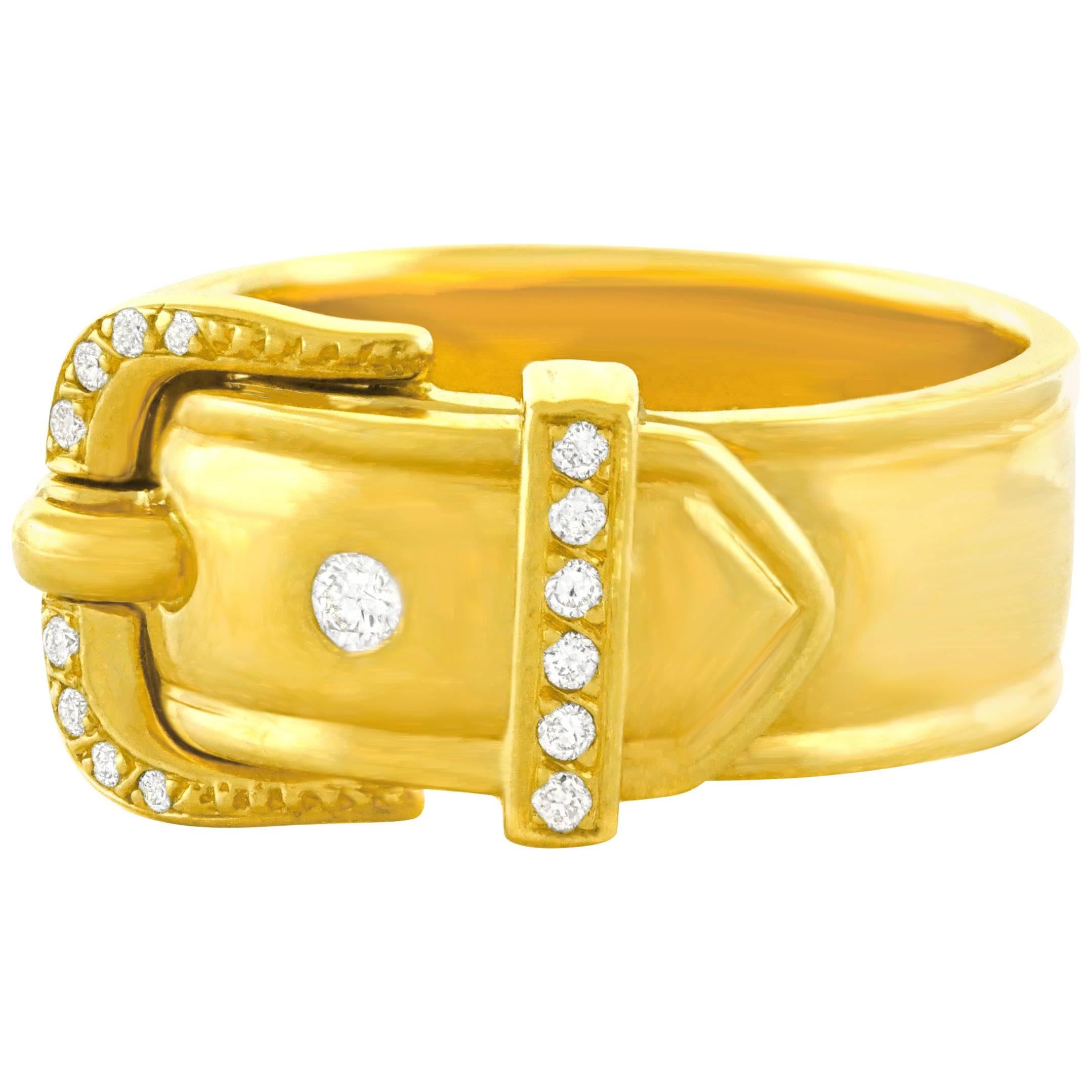 Hermes Diamond Set Gold Buckle Ring
