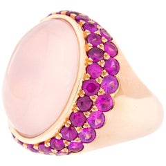 Cabochon Rose Quartz, Pink Sapphire Gold Cocktail Ring