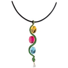 Tsavorite Citrine Rubelite Topaz Diamond Serpent Pendent Necklace