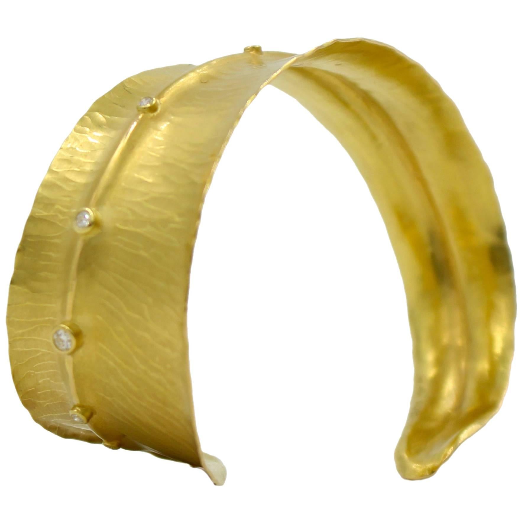 18 Karat Gold and Diamond Feather Cuff Bracelet For Sale