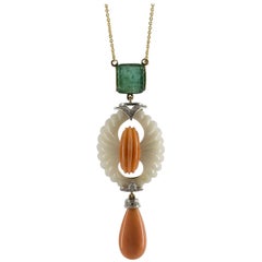 Pink Coral White Coral 4.00 Carat Emerald White Diamond Yellow Gold Necklace